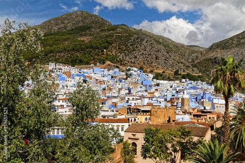 View of Chefchaouen, Morocco with mountain and palm tree. Blue city. Traveling through Morocco. © Erik