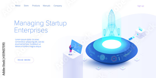 Startup coaching and mentorship concept in isometric vector illustration. Business start up team launching rocket with computer and server. Creative web banner layout template design.