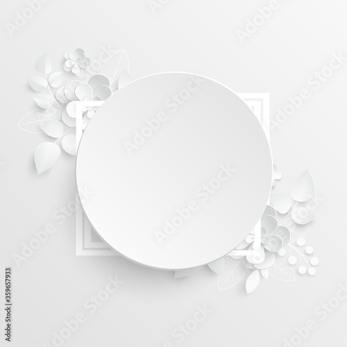 White rose. Round frame with abstract cut flowers. Vector illustration.