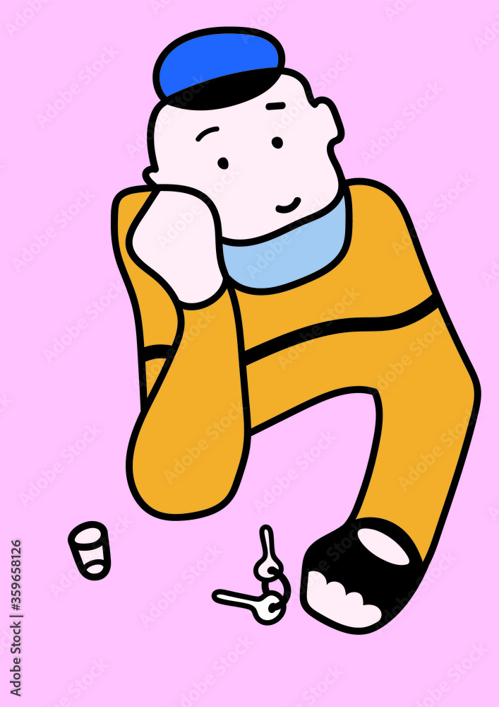 Naklejka premium Roadside cafe. Tour in France. Vector color illustration. A cheerful character resting in a bar, after a trip, in a cartoon style.