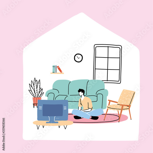 man watching TV, spending time on isolation and quarantine