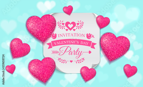 Fototapeta Naklejka Na Ścianę i Meble -  Valentine's Day party flyer. Beautiful invitation with pink and blue heart background and realistic shit of paper with rounded corner and ornate lettering. Invitation to nightclub. Vector.