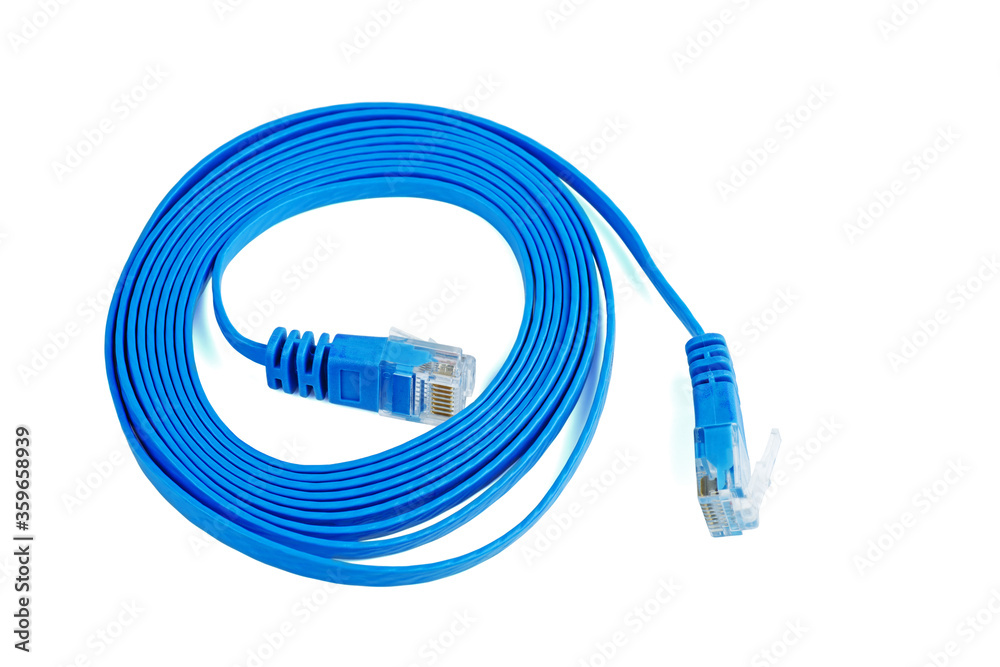 Flat blue ethernet (copper, RJ45) patchcord isolated on white background Flat blue ethernet (copper, RJ45) patchcord isolated on white background