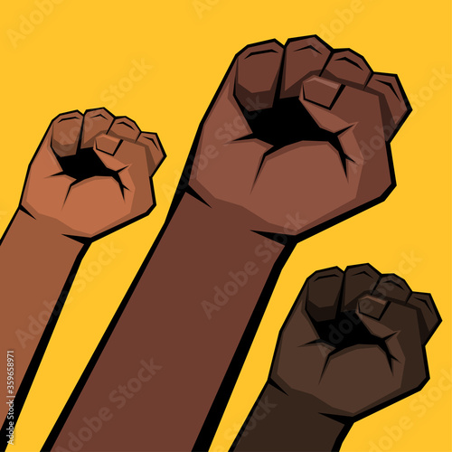 Three raised clenched fists in diagonal.