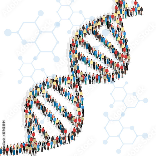 DNA chain made of dozens of people, white background
