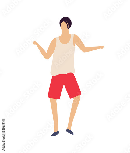 Male in club vector, clubbing person having fun and relaxing by dancing and moving isolated. Guy wearing tshirt and shorts, flat style dancer performer