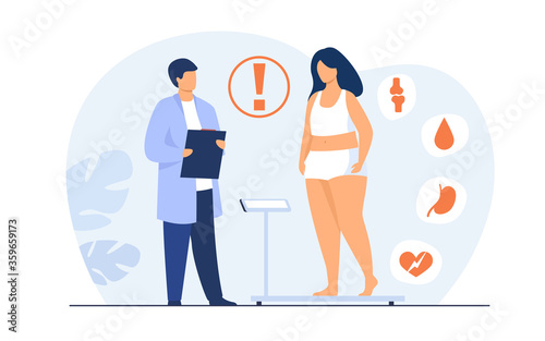 Fat patient visiting doctor. Woman suffering from overweight, obesity, heart disease, having diabetes risk. Can be used for health problem, lifestyle, medical help concept