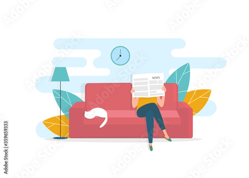 Breaking news. Woman reading fresh newspaper and her cat napping on sofa at home, vector illustration in flat style