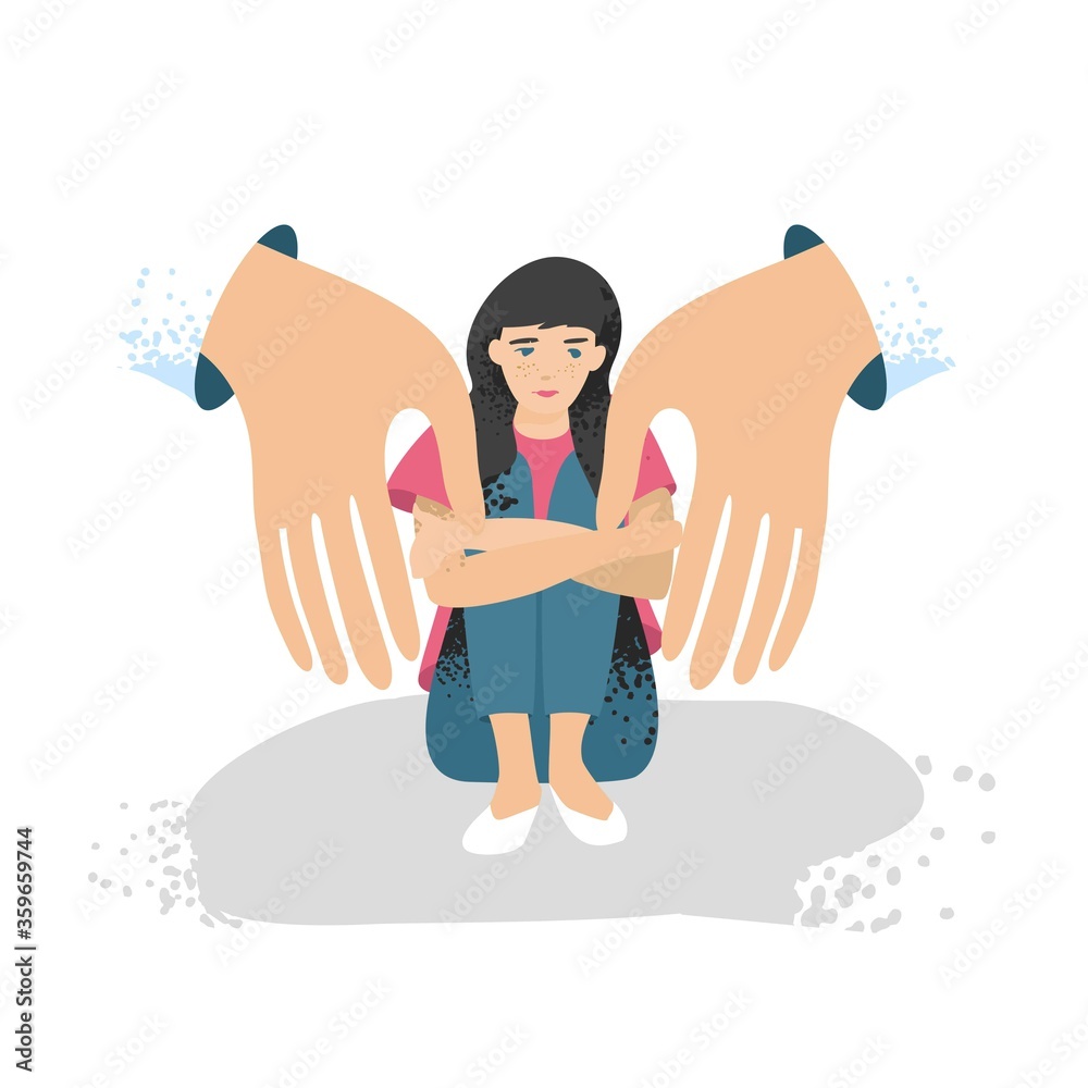 Big arms hug a small sitting girl on white background. Concept banner emotional trauma, psychological protection, support. Poster for centers of psychological assistance. Cartoon vector illustration.