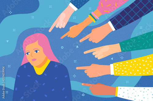 Sad or depressed woman surrounded by hands with index fingers pointing at her.