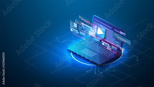 Adaptive design of the landing page for video marketing with isometric illustration of the browser window or online meeting work from home. Video content development, video marketing strategy. Vector