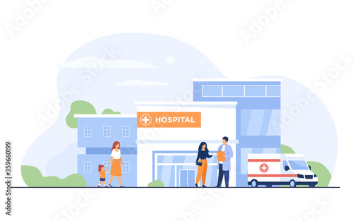 City hospital building. Patient talking to doctor at entrance, ambulance car parked at clinic. Can be used for emergency, medical care, health center concept