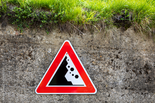 Morasco Lake (VCO), Italy - June 21, 2020: A rockfall sign, Morasco Lake, Formazza Valley, Ossola Valley, VCO, Piedmont, Italy