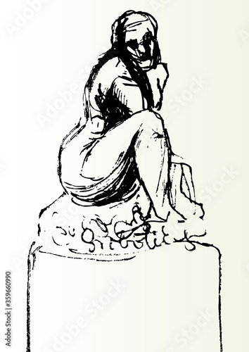 A vector illustration of a sitting sculpture.