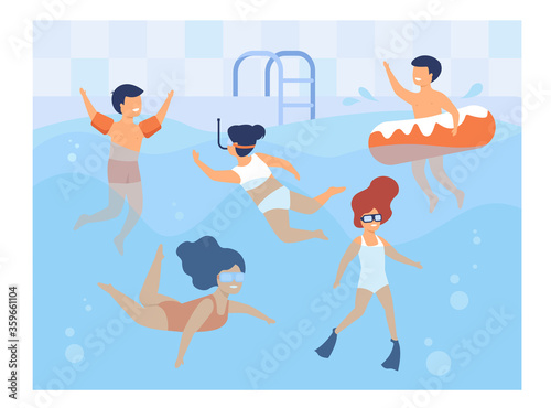 Happy kids swimming in pool. Children in swimwear enjoying bathing in water, diving, floating with inflatable ring. Can be used for swimming class, vacation, summer activity with friends concept
