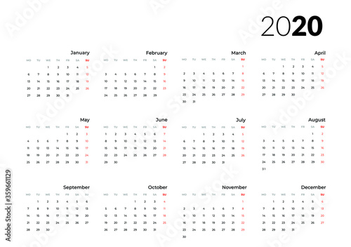 Calendar for year 2020 Week starts with monday