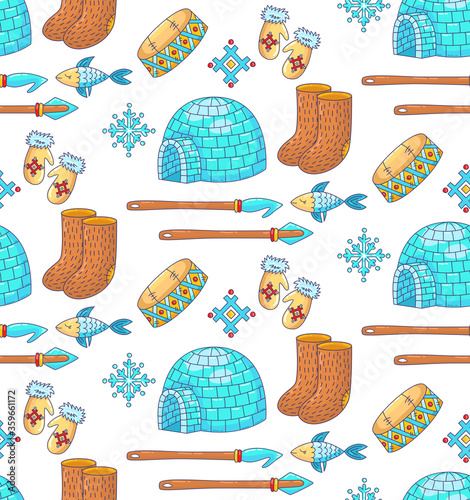 Eskimo doodle winter north pole tribal icons seamless vector pattern