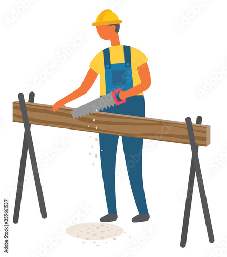 Carpenter man with hand saw vector, isolated character builder man. Male wearing special protective helmet, carpentry and construction, repairing fixing