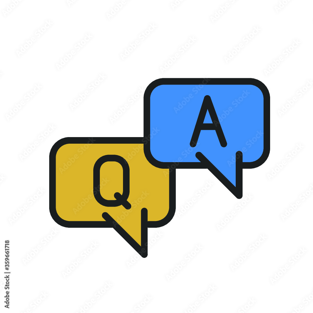 Q and A letters in speech bubble outline icon.