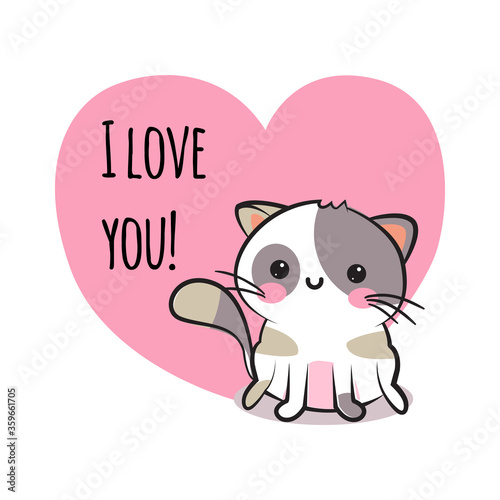 Valentines day congratulation card with cartoon cute smiley kitten and pink heart with text I love you. Funny and lovely neco cat greeting card. Love design. Vector illustration. photo