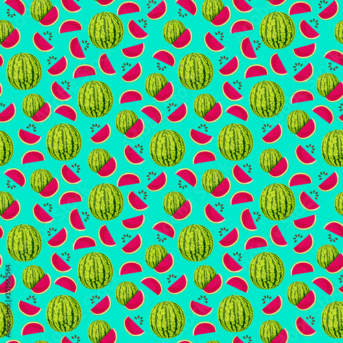 Seamless pattern with watermelon, watermelon slices, and seeds. Green wallpaper, background for packaging, fabrics, or other.