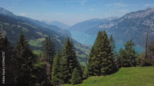 Aerial panorama of Walensee (Lake Walen) from Flumserberg viewpoint, Canton of St. Gallen, Switzerland. photo