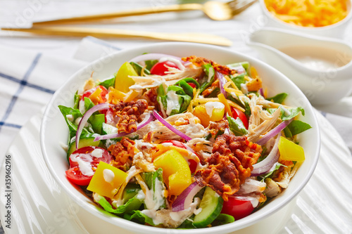 close-up of chicken club salad, top view