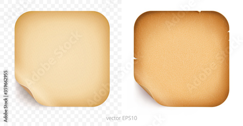 Vector set of rounded square banners. Empty mockup with a realistic textures. Pieces of vintage paper and rough parchment. Detailed templates of label or tag with a folded edges. Transparent shadows.