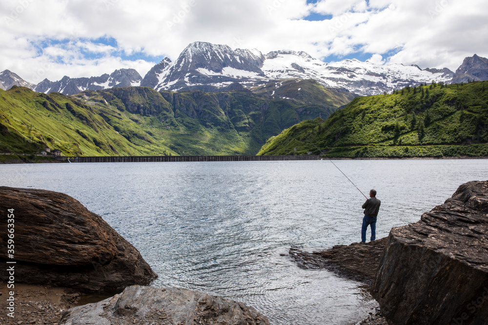 Morasco Lake (VCO), Italy - June 21, 2020: The landscape and Morasco Lake, Morasco Lake, Formazza Valley, Ossola Valley, VCO, Piedmont, Italy