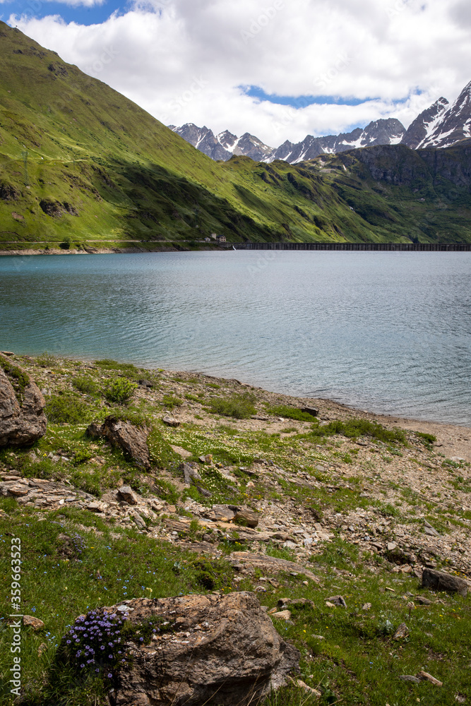 Fototapeta premium Morasco Lake (VCO), Italy - June 21, 2020: The landscape and Morasco Lake, Morasco Lake, Formazza Valley, Ossola Valley, VCO, Piedmont, Italy