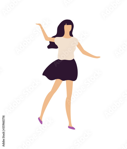 Girl at nightclub, brunette clubber on disco party isolated. Vector pretty woman dancer in white shirt and black skirt dancing cartoon character in flat style