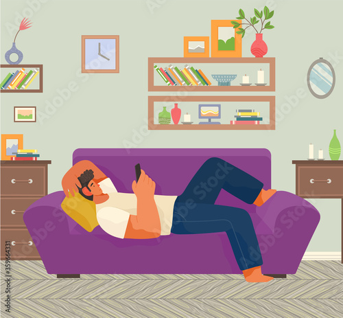Guy play on smartphone and lie on violet couch. Man relaxing at home alone. Furnishing of living room like couch and chest, shelf with books and vases. Vector illustration of interior in flat style
