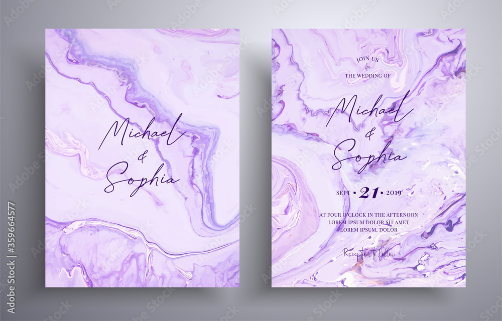 Modern set of wedding invitations with stone texture. Agate vector covers with marble effect and place for text, lavender, purple and white colors. Designed for greeting cards, packaging and etc
