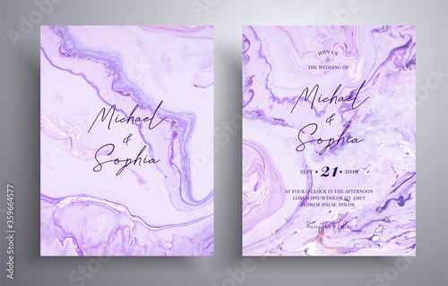 Modern set of wedding invitations with stone texture. Agate vector covers with marble effect and place for text, lavender, purple and white colors. Designed for greeting cards, packaging and etc