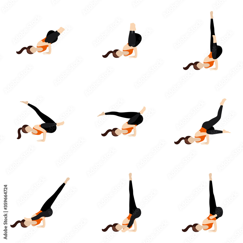 Fallen angel pose sequence yoga asanas set/ Stylized woman practicing devaduuta panna asana variations 