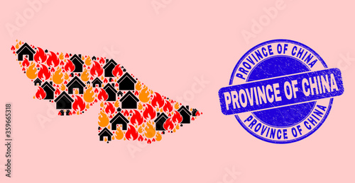 Flame and property collage Acre State map and Province of China corroded watermark. Vector collage Acre State map is composed with random burning homes.