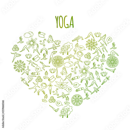 I love Yoga concept. Heart made from hand drawn doodle yoga symbols, icons and asanas. Vector illustration for your design