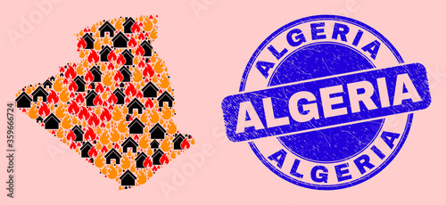 Fire and houses collage Algeria map and Algeria textured stamp seal. Vector collage Algeria map is constructed of randomized burning houses. Algeria map collage is formed for fire insurance templates.