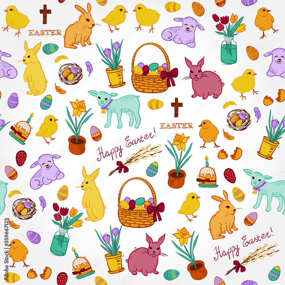 Easter seamless background. Vector doodle sketch seamless pattern. Happy Easter