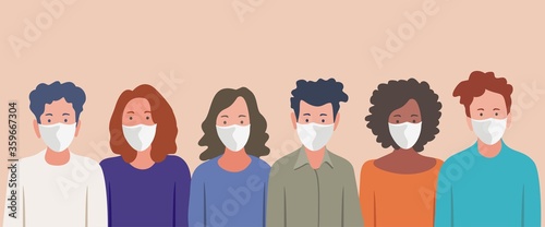 Group of people wearing medical masks to prevent disease,
people in white medical face mask. Concept of coronavirus quarantine 
vector illustration. Seamless pattern.
