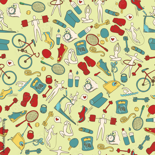 Fitness doodle hand drawn pattern. Seamless vector background