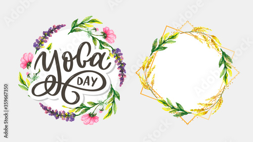 Lettering Yoga. Vector background International Yoga Day. Vector design for poster, T-shirts, bags. Yoga typography. Vector elements for labels, logos, icons, badges.