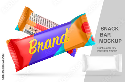 Hight realistic flow packaging mockup. Vector illustration isolated on white background. Can be use for your design, promo, adv and etc. Possibility for food, pharmaceutical, cosmetic. EPS10.