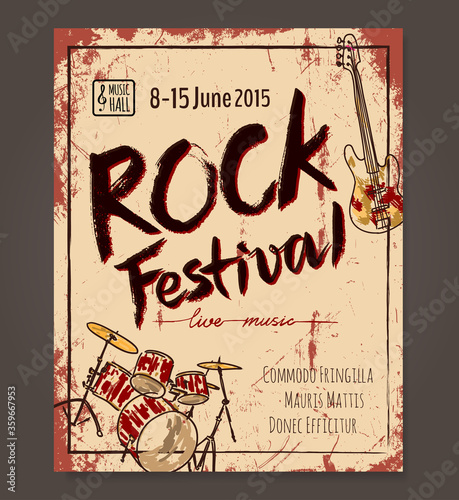 Rock festival poster template. Hand drawn Vector design