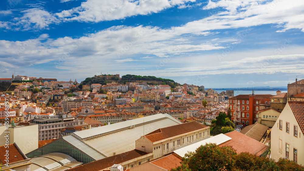 Lisbon historic center skyline from Miradouro de Sao Pedro de Alcantara panoramic terrace