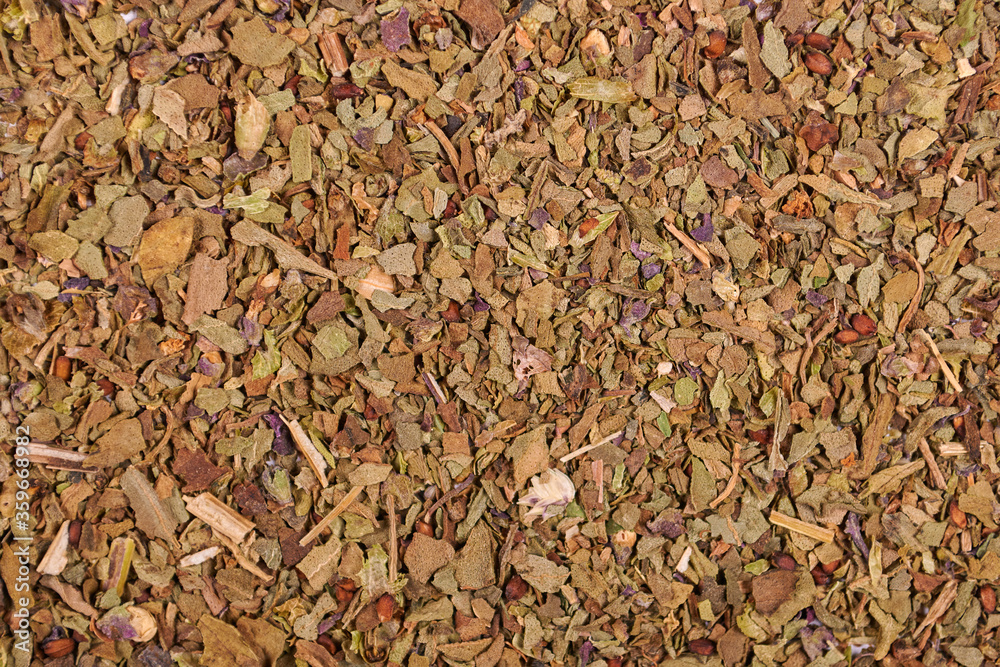 Dried basil leafs macro photo.