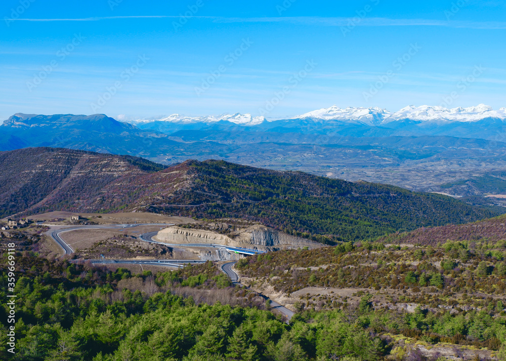 Peaceful aerial view on Pyrenees mountain range in Puerto de Monrepos, Aragon, north of Spain