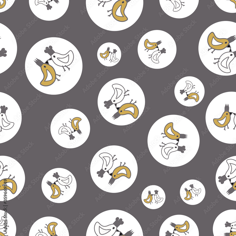 Vector grey and gold chicken in dots repeat pattern print background
