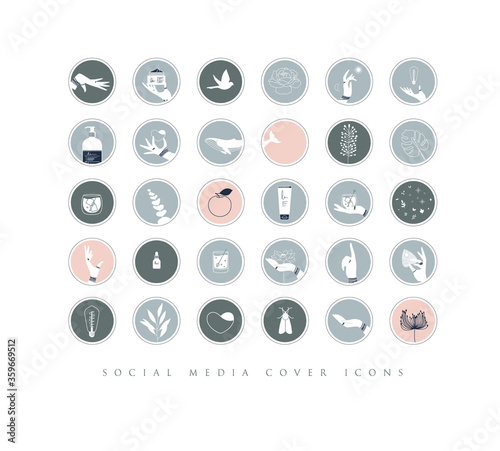 Hands and cosmetics social media cover icons gray color
