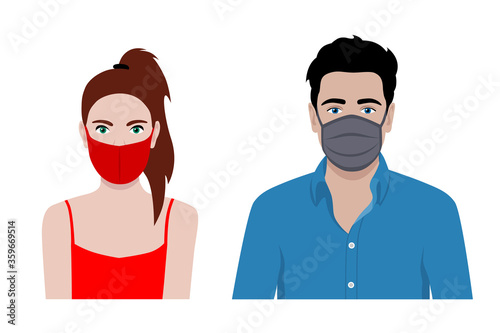 Front view vector set of a man and a woman wearing protective face mask - covid-19 safety measures, restriction, covering face to prevent spread of the virus